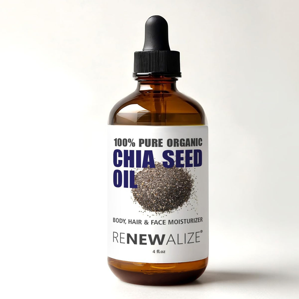 Renewalize Organic Chia Seed Oil facial moisturizer bottle for smooth, deeply hydrated skin.
