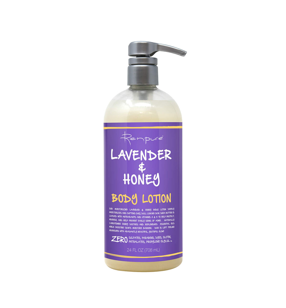RENPURE Lavender and Honey Body Lotion bottle showing a hydrating formula for daily nourishment.