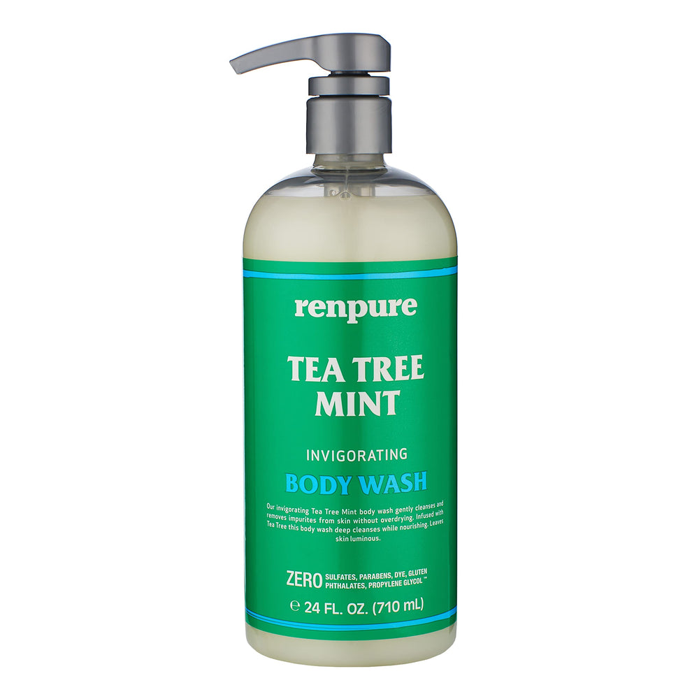 RENPURE tea tree peppermint body wash bottle with pump for refreshing cleanse
