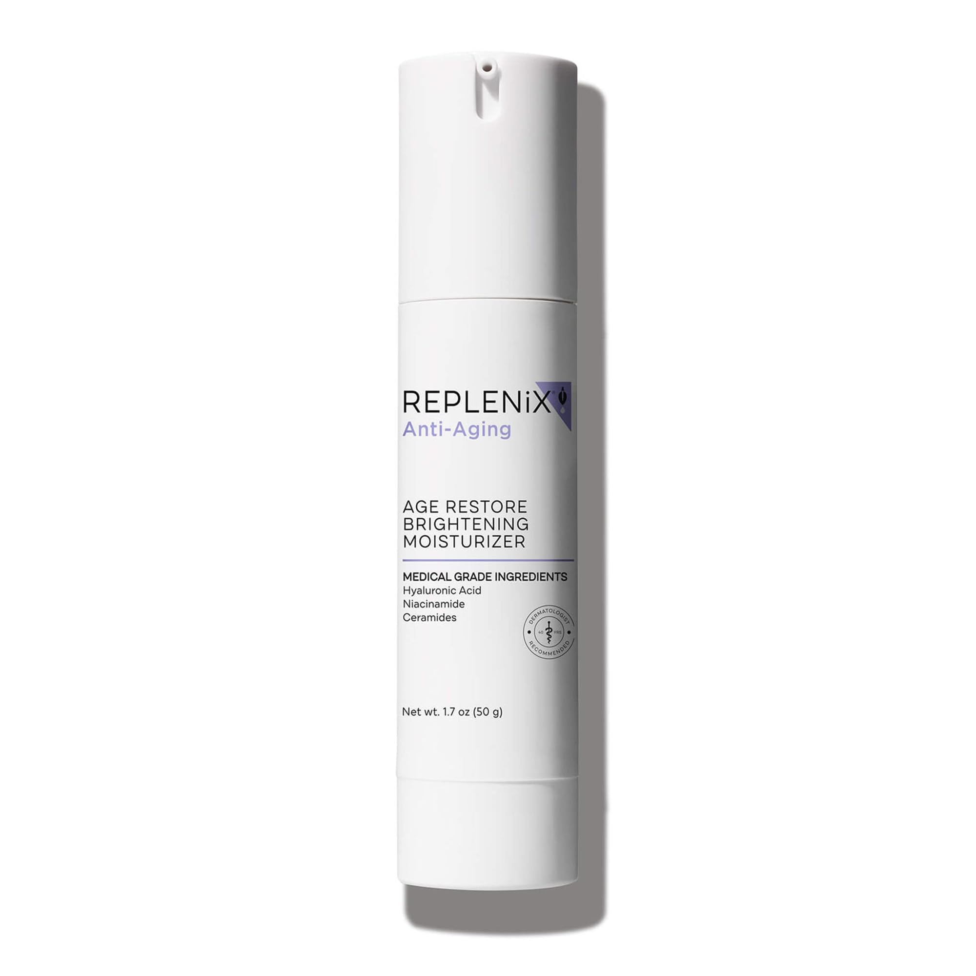 Replenix Age Restore bottle closeup shows an oil-free formula for hydrated mature skin.
