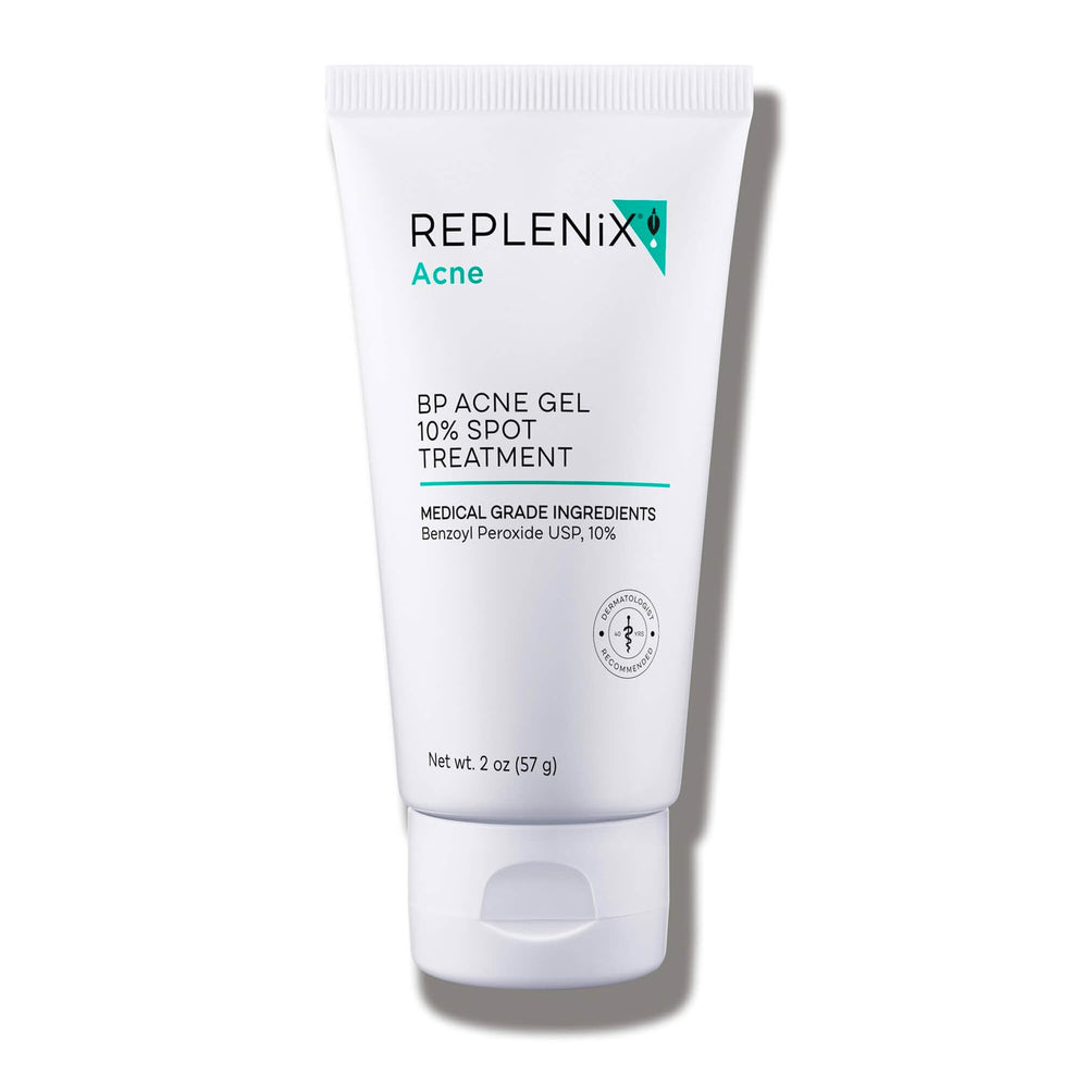 Replenix benzoyl peroxide acne gel bottle for targeted blemish spot treatment