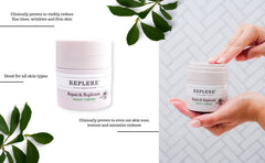 Replere night crème texture close-up shows rich, non-greasy moisture for all skin types