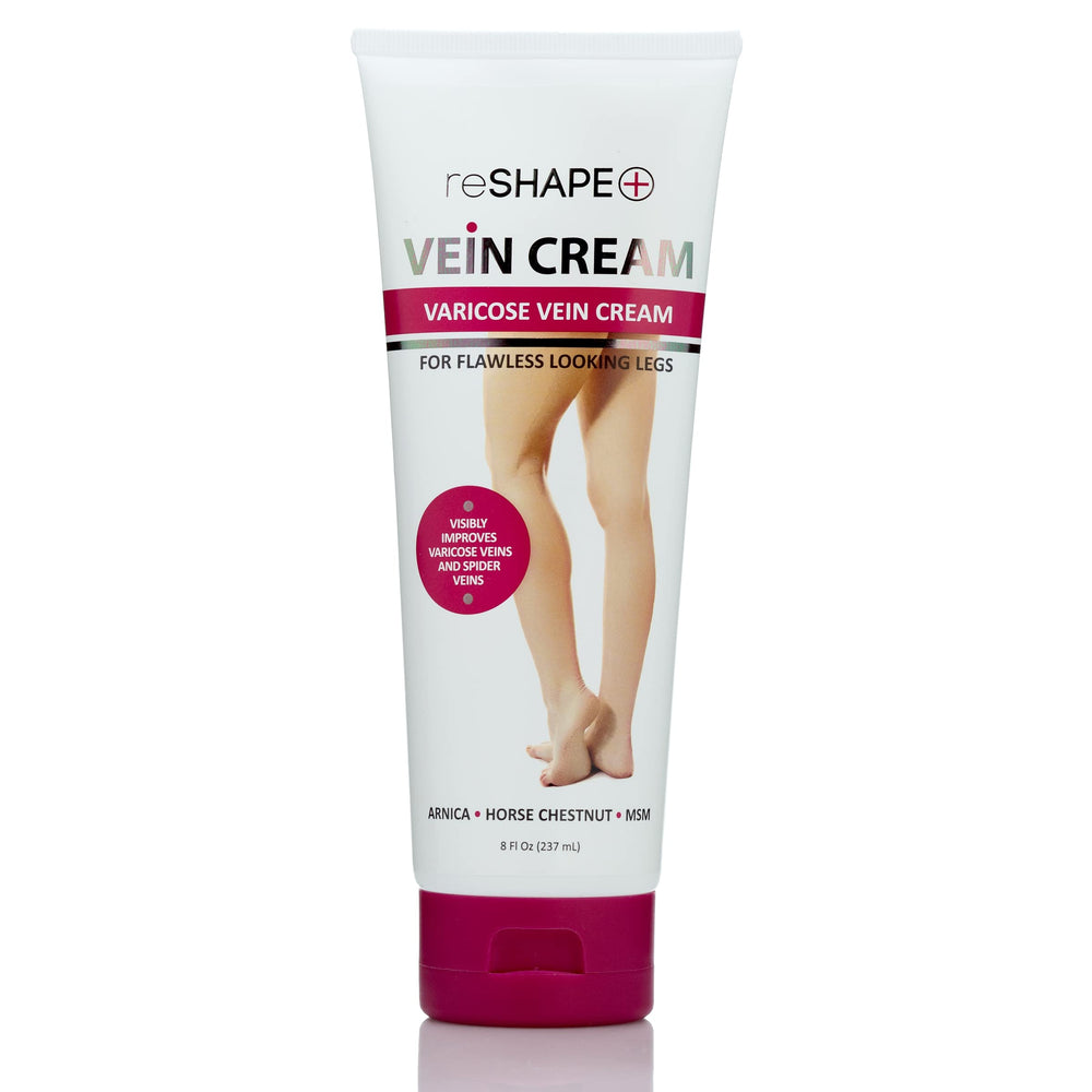 Reshape Plus vein relief cream bottle shown for leg care and vein improvement.