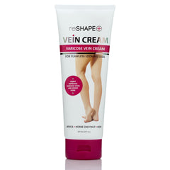 Reshape Plus vein relief cream bottle shown for leg care and vein improvement.