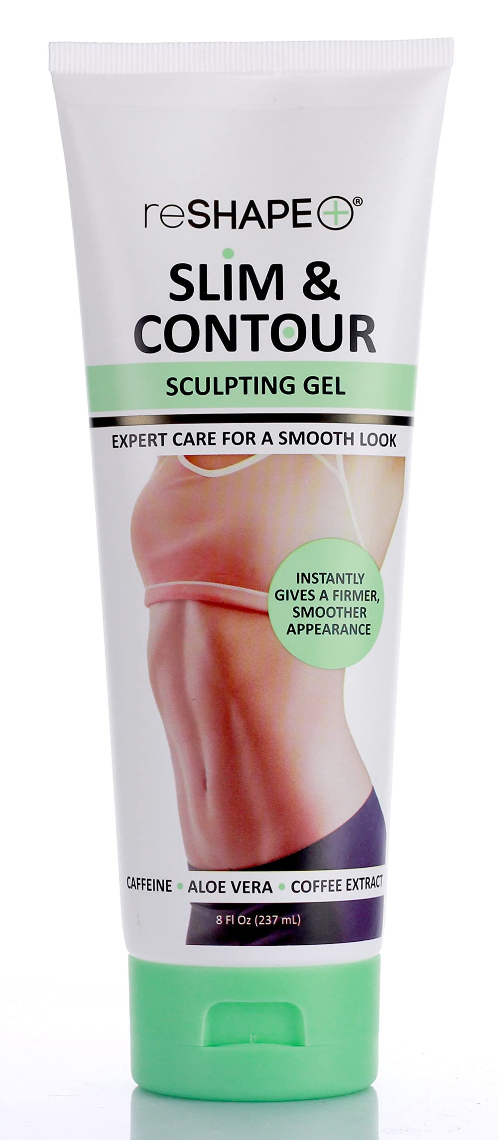Reshape+ tummy-tightening bottle-pump demonstrates a fast-absorbing gel for firmer-looking tummy skin.