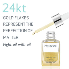 Restorsea liquid gold face oil pour demonstrates easy, on-the-go application for day or night routines.