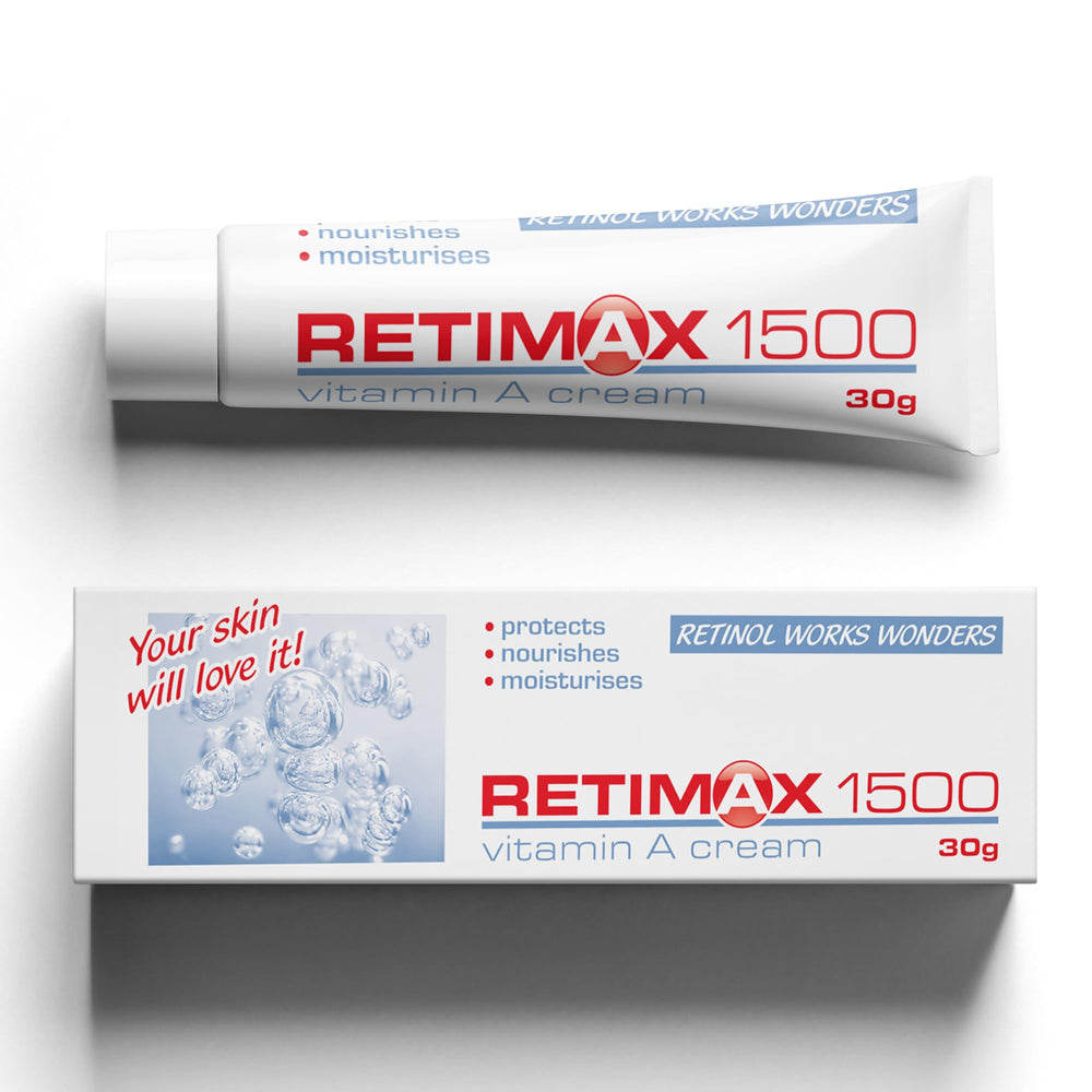 RETIMAX 1500 vitamin A ointment tube close-up showing gentle hydration for sensitive skin.