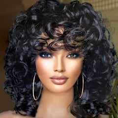 Retoleca short curly wig with bangs, natural black, 14 inch, ideal for daily wear.