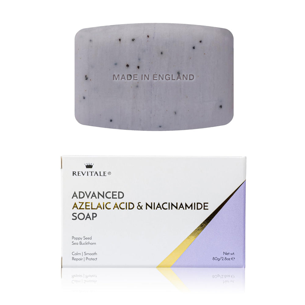 REVITALE soap close-up with blue poppy seeds showing gentle cleansing for radiant skin