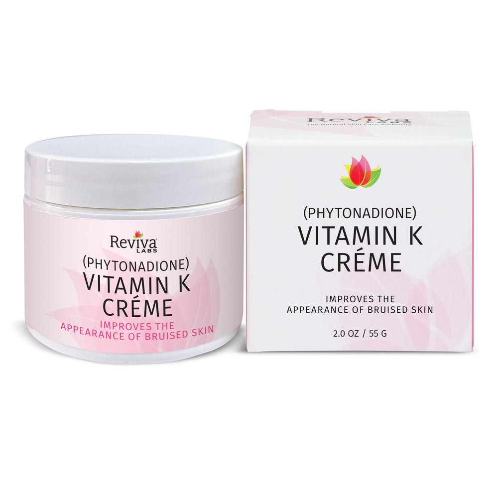 Reviva Labs Vitamin K Creme bottle close-up with rich texture for improved skin appearance.