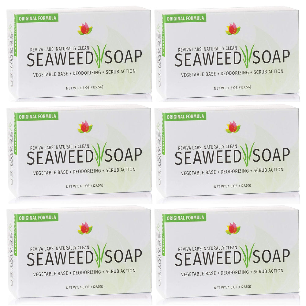 Reviva Seaweed Soap 6 Pack pack shot showing a natural exfoliating bar.