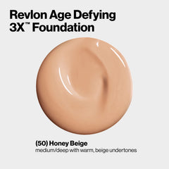 Swatch of Revlon Age Defying 3X Foundation in Honey Beige, natural finish.