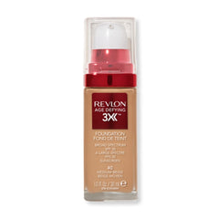 Revlon age-defying 3X foundation bottle showing tri-shield technology and smooth finish