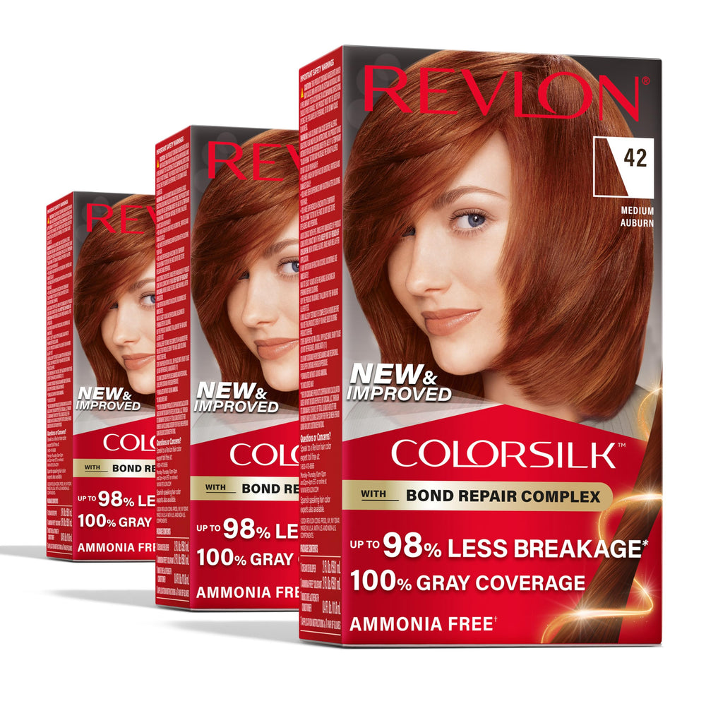REVLON ColorSilk Bond Repair Auburn swatch shows even color and full gray coverage