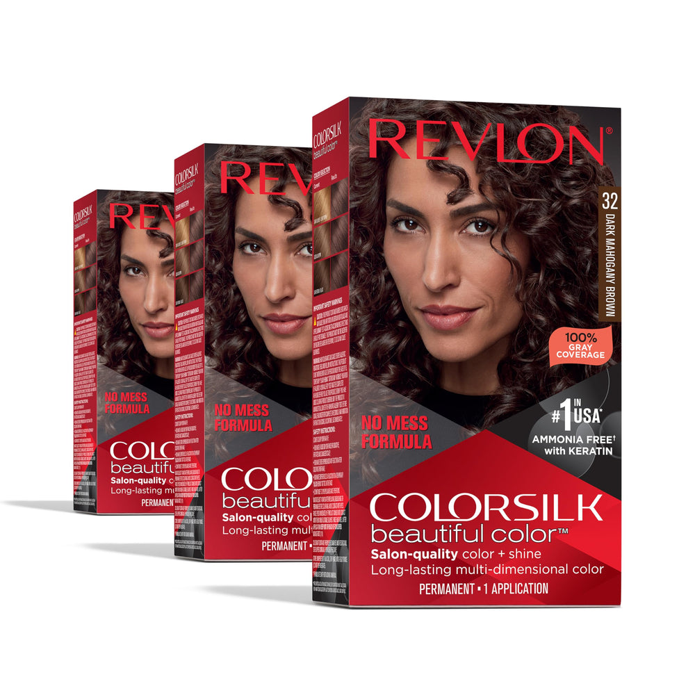 REVLON Colorsilk Dark Mahogany Brown bottle pour shows mess-free at-home color application and rich shine