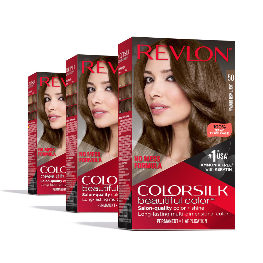 Revlon Colorsilk Light Ash Brown pack 3 color kit with long-lasting gray coverage and shine.