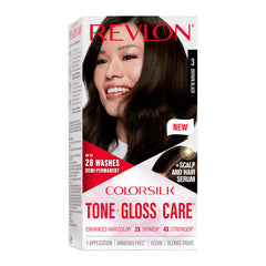Revlon ColorSilk Tone Gloss Care serum close-up for glossy, healthy-looking hair.