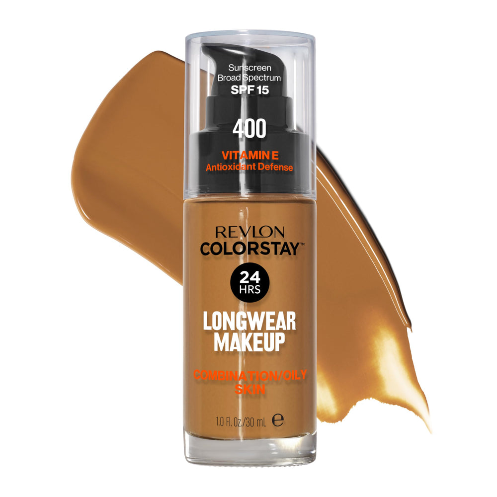 Revlon ColorStay bottle pump shows oil-free long-wearing foundation benefits