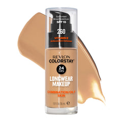 Arm swatch of Revlon ColorStay Liquid Foundation in Light Honey 260 with oil-control finish.