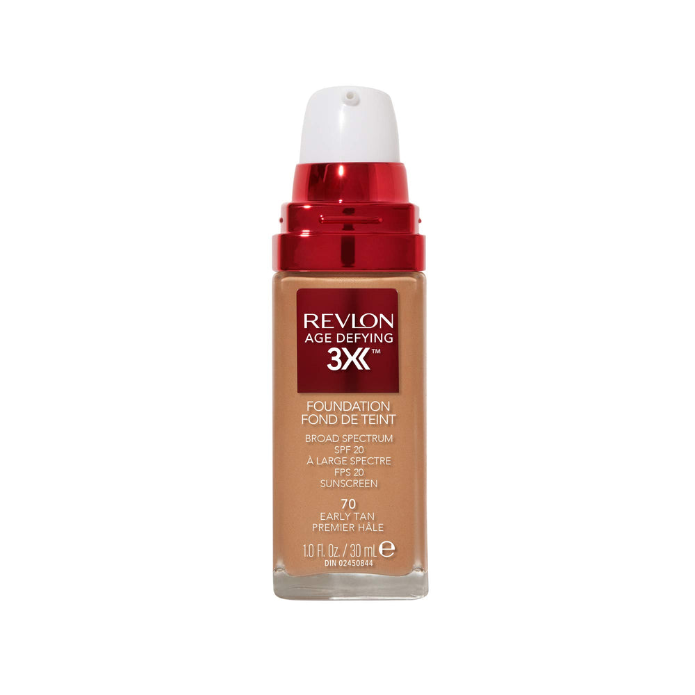 Revlon age-defying 3X foundation bottle close-up with tri-shield protection