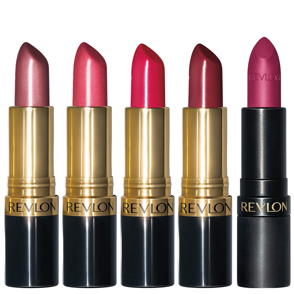 REVLON Super Lustrous lip kit packaging shows five shade lineup for versatile looks.