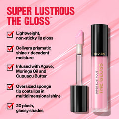 Revlon lip gloss on lips shows vibrant color and glassy finish.