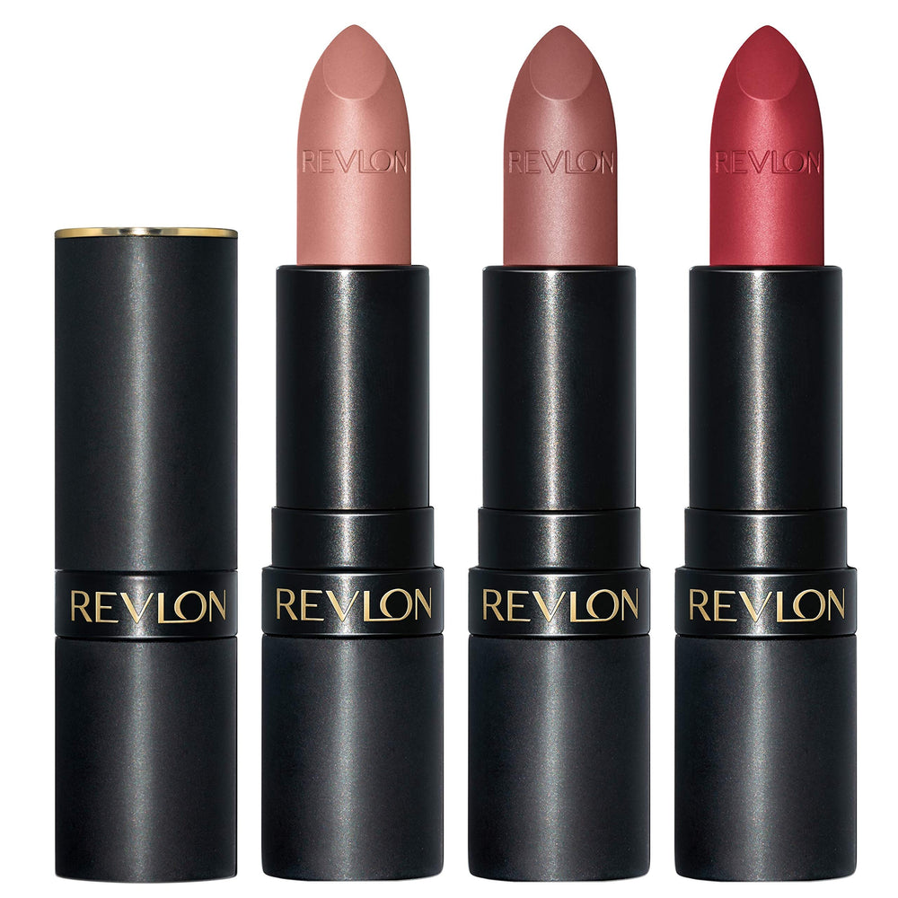 REVLON Super Lustrous three-piece lip kit packaging showing a versatile matte set for chic looks