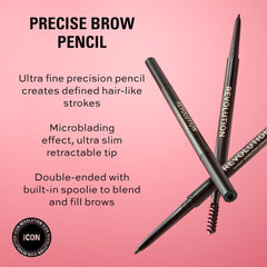 Revolution Brow Pencil with spoolie brush blends and shapes for a soft, lasting arch.