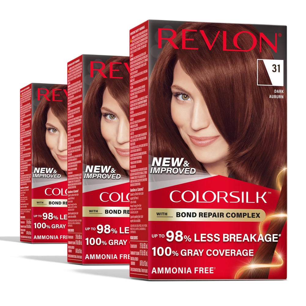 Revlon ColorSilk Bond Repair Auburn box and bottle for vibrant color and healthier hair.