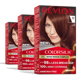 Revlon ColorSilk Bond Repair Auburn box and bottle for vibrant color and healthier hair.