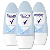 Rexona Women Cotton Dry roll-on packaging highlights long-lasting protection.