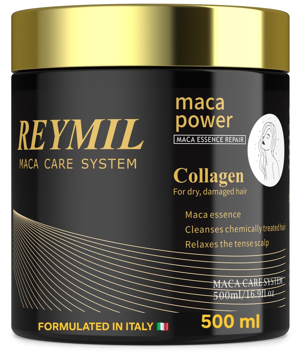 REYMIL Collagen Hair Mask bottle on vanity signaling rich conditioning