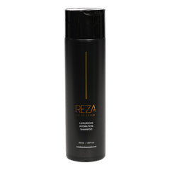 Reza Fixation Shampoo bottle with gold glow for luxurious shine.