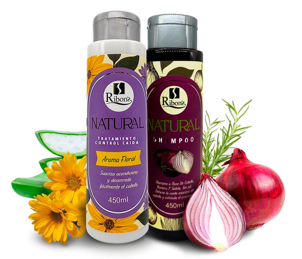 Ribon's natural shampoo bottle featuring onion, rosemary, and aloe for healthier-looking hair
