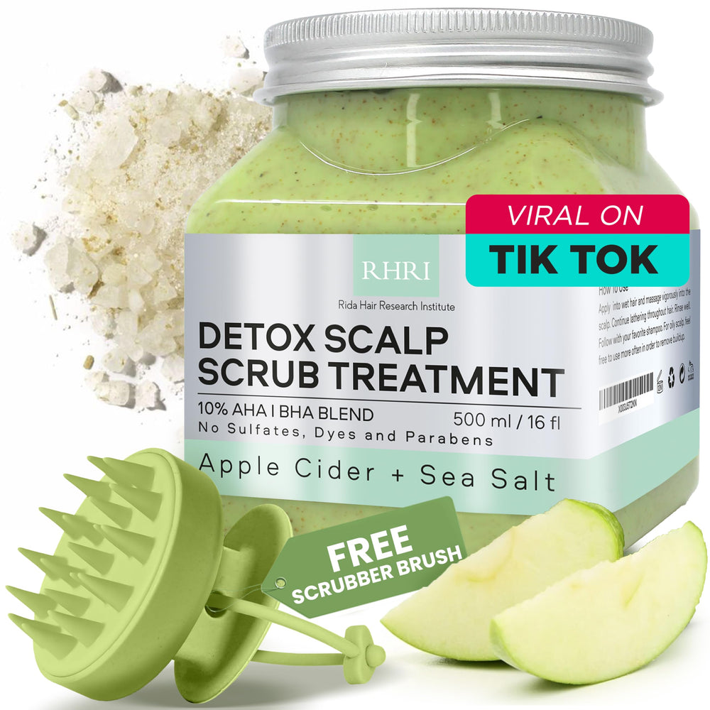 Rida Hair Research Institute Apple Cider and Sea Salt Green Scalp Scrub bottle offers detoxifying exfoliation.