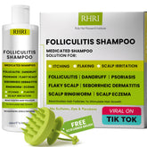 Rida Hair Folliculitis Shampoo bottle being poured for refreshing scalp cleansing.