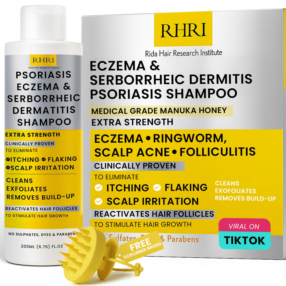 Rida Hair Research Institute psoriasis shampoo bottle shows soothing scalp relief.