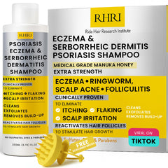 Rida Hair Research Institute psoriasis shampoo bottle shows soothing scalp relief.