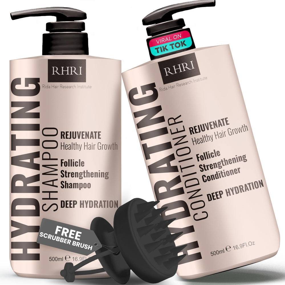 Rida Hair Research Institute shampoo bottle showing rich hydration for dry strands