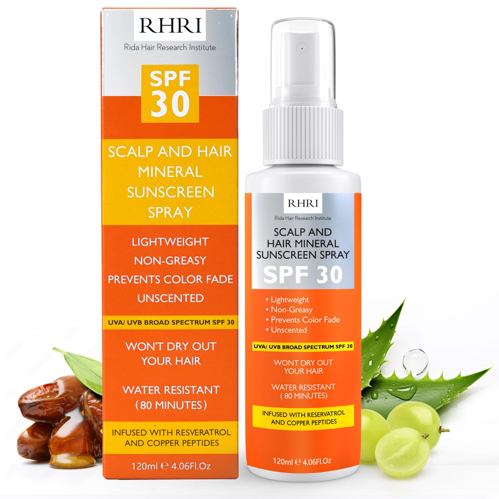 Rida Premium SPF30 hair sunscreen spray bottle protects strands from sun exposure.