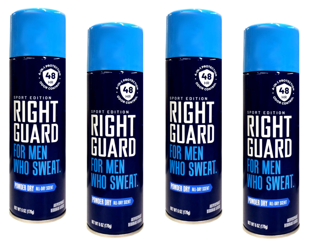 Right Guard Aerosol Sport Powder Dry bottle shows fast-drying formula for all-day comfort.