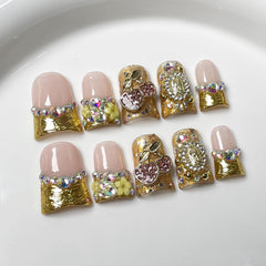 RIICFDD duck nails with 3D cherry flowers and rhinestones for chic occasions