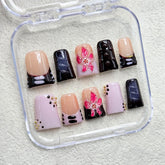 RIICFDD duck press-on nails show 3D flower art with gold pearl accent for elegance