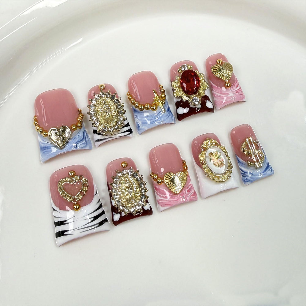 RIICFDD sea-waves pink French-tip nails for durable wear