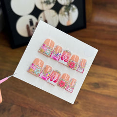 RIICFDD nude pink glossy nails with rhinestones for elegant everyday styling