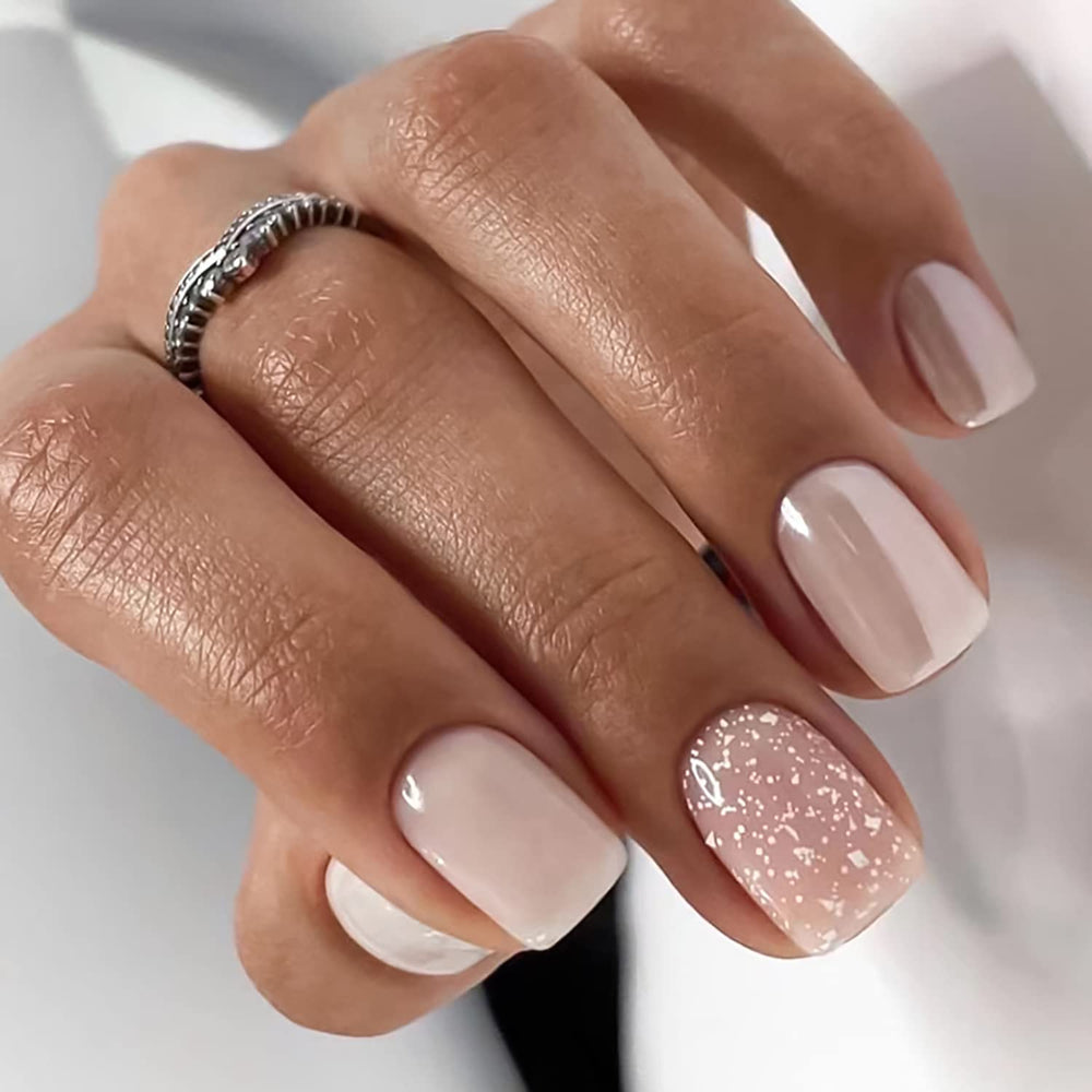 RIICFDD nude pink press-on nails with glitter for quick glam