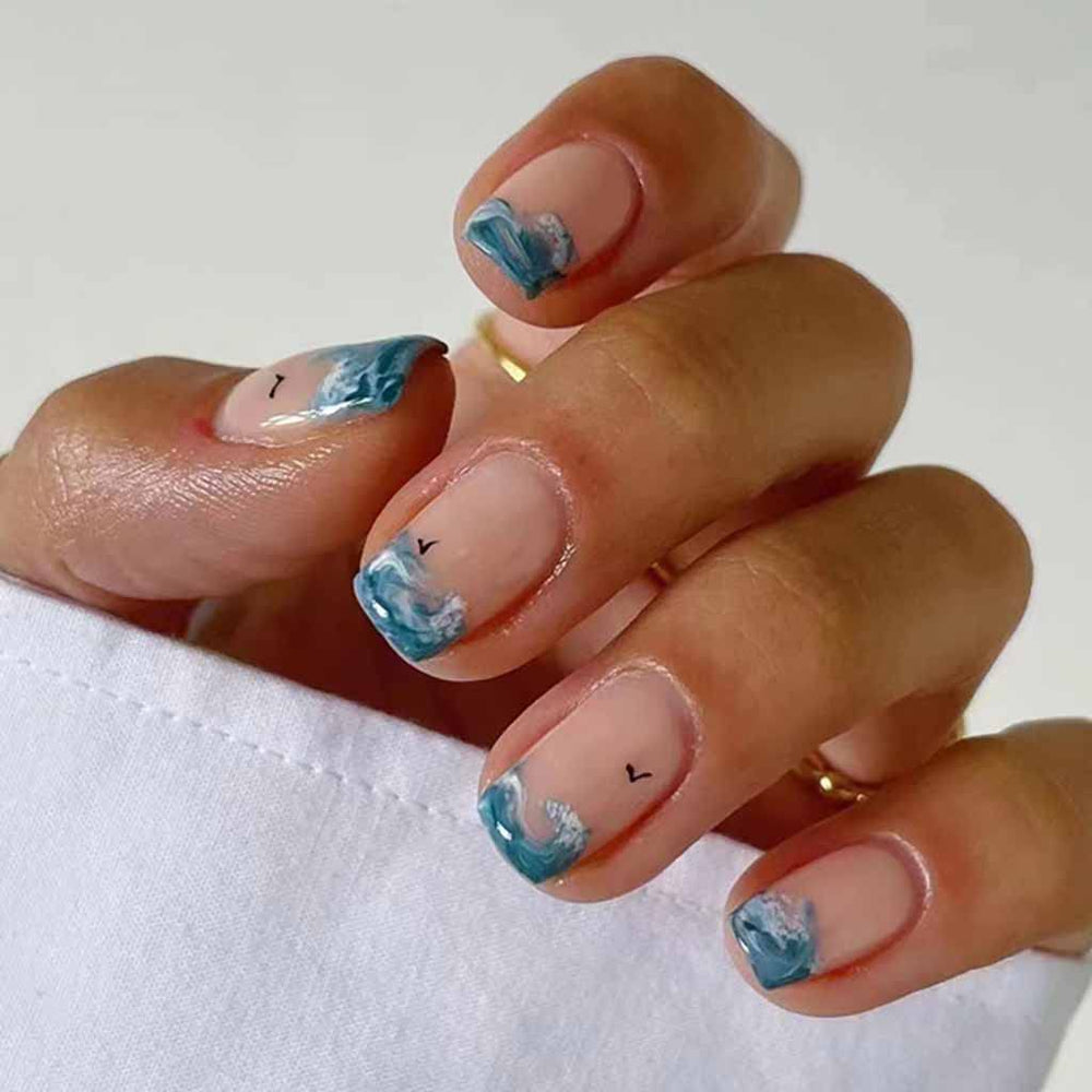 RikView blue wave French tip nails for a chic salon-style square manicure at home