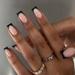 RikView French Tip press-on nails in black square shape, medium for salon-like style.