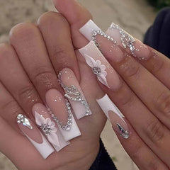 RikView white 3D flower square press-on nails for salon-quality look at home