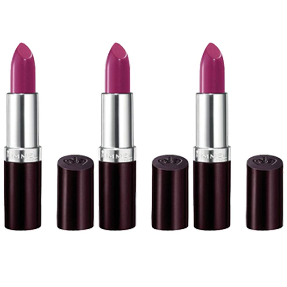 Rimmel Lasting Finish Amethyst Shimmer lipstick 3-pack cap close-up showing bold color